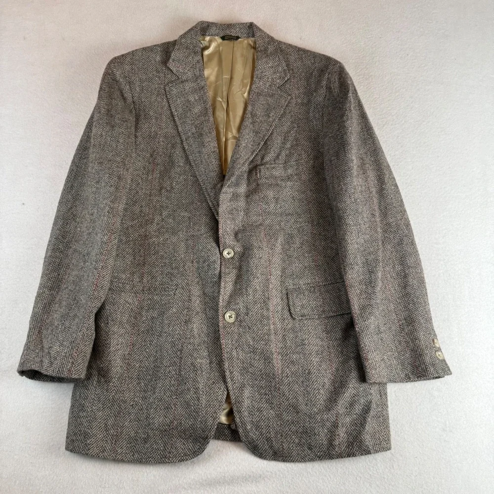Maxwell & Co Mens Grey Herringbone Wool Blazer Striped Sport Coat Made in USA
